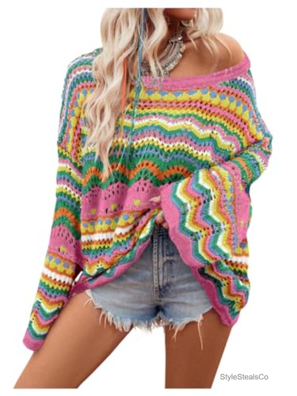 Open Knit Crochet Oversized Sweater Drop Shoulder Long Sleeve Pullover